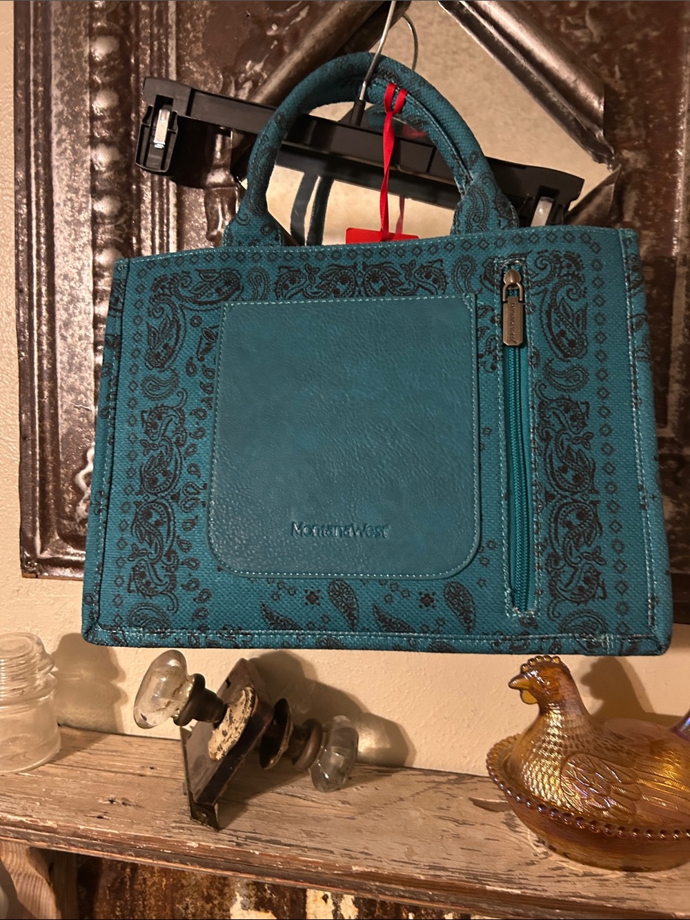 Stylish Teal Paisley/ Bling Tote Bag for Home Storage & Organization - Picture 4 of 6